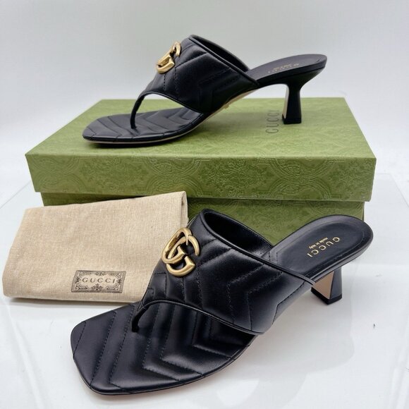 Gucci GG Marmont Chevron Black Kitten Heels Thong Sandals Leather EU 37.5 US 7.5 - Picture 4 of 12